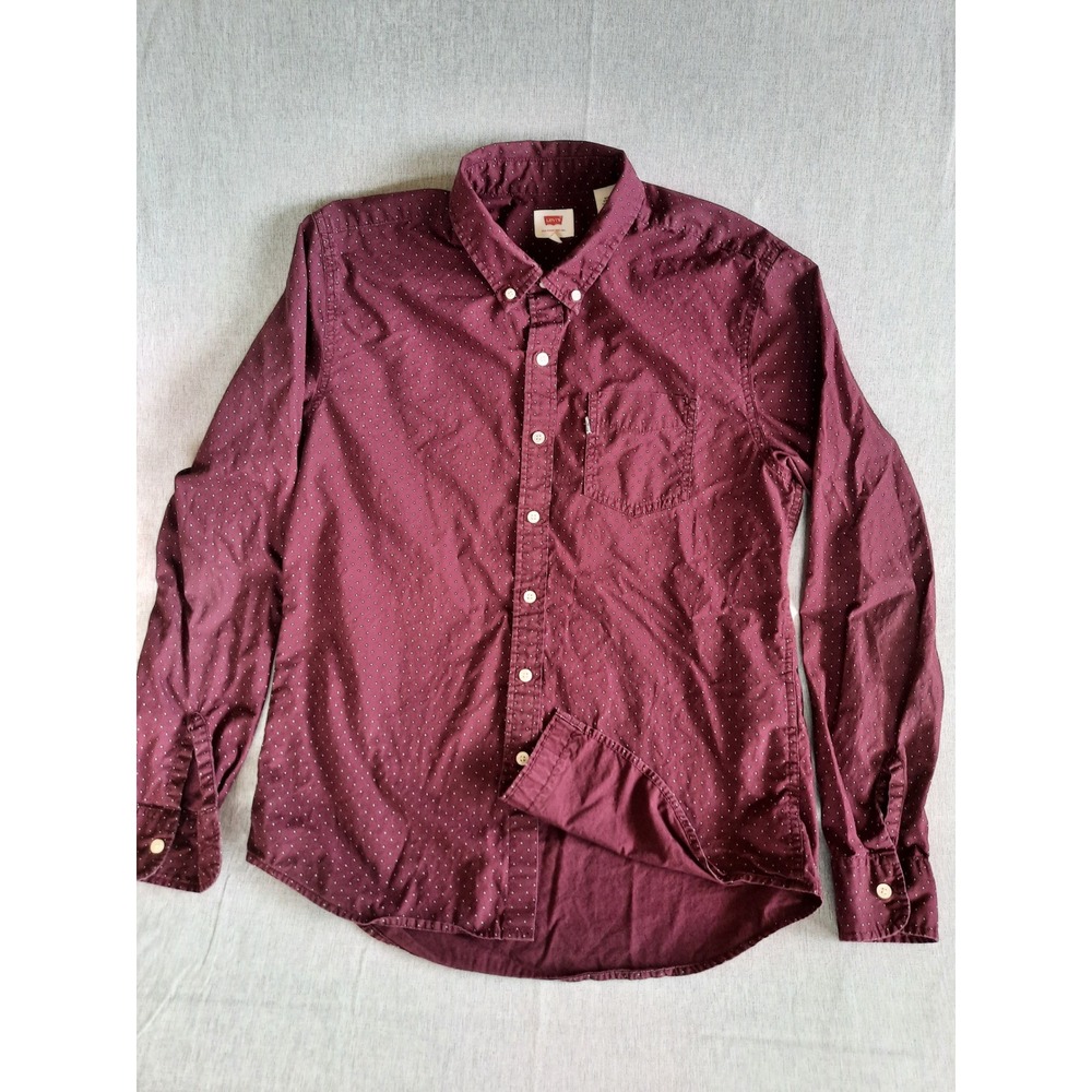 Levi's Men Medium Polka Dot Pocket Button Shirt Long Sleeve Maroon Red Cotton